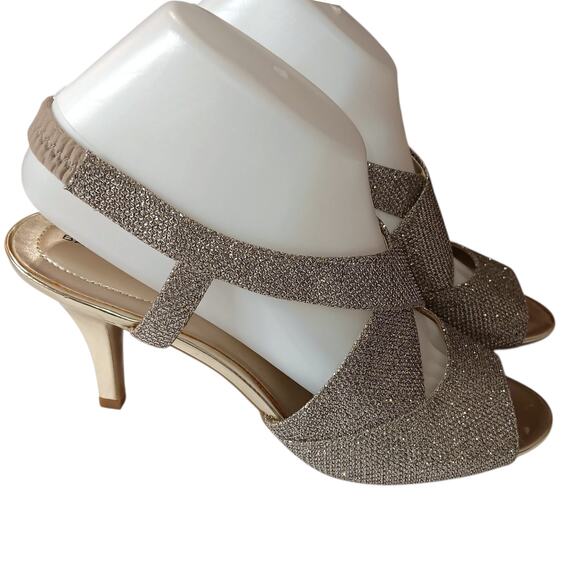 Bandolino Sparkly Metallic Dressy Heels 8 Gold Elastic Slingback Prom Dance Hoco - Picture 9 of 11